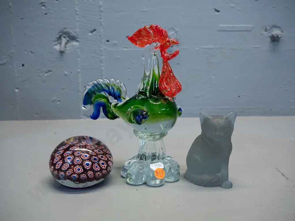 3 glass items - rooster, millefiore paperweight with Murano label, and a frosted cat figure with Cesare Toso label, has Image 1++
