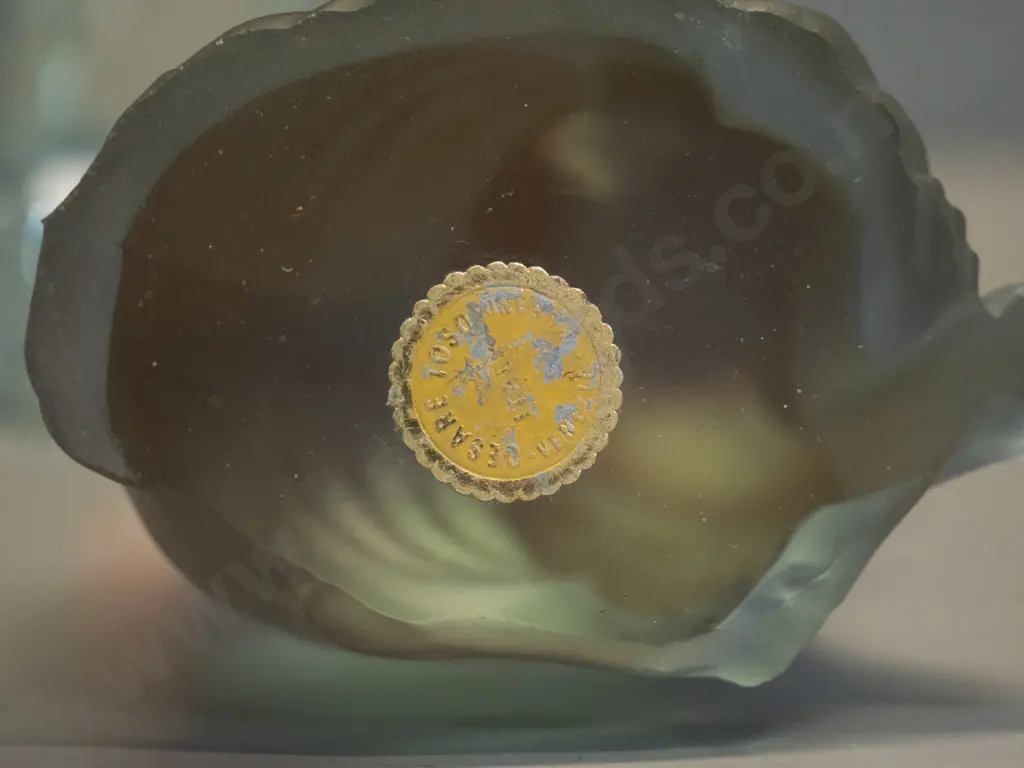 3 glass items - rooster, millefiore paperweight with Murano label, and a frosted cat figure with Cesare Toso label, has Image 1++