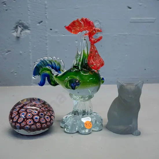 3 glass items - rooster, millefiore paperweight with Murano label, and a frosted cat figure with Cesare Toso label, has