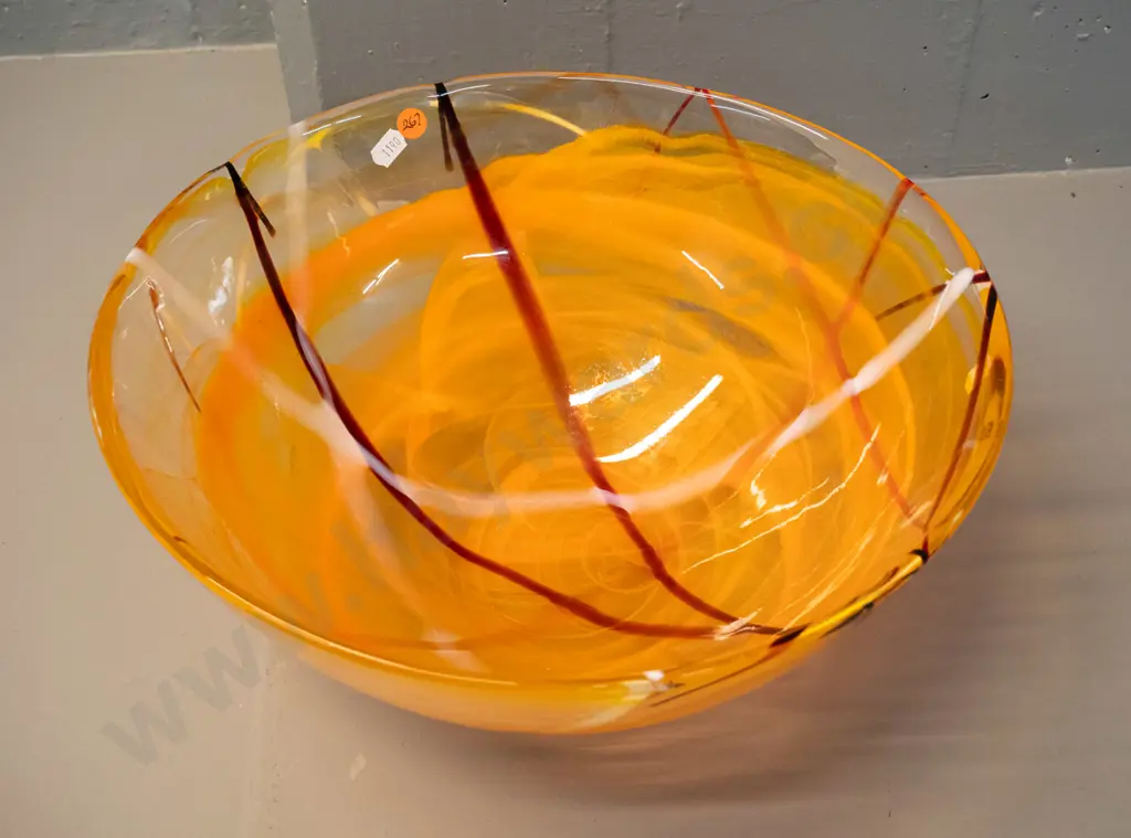 large Kosta Boda Sweden art glass bowl - orange, red and white stripes & swirls H-250 D-350 Image 1++