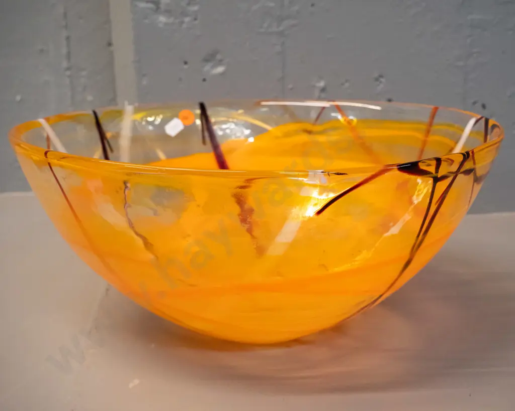 large Kosta Boda Sweden art glass bowl - orange, red and white stripes & swirls H-250 D-350 Image 1++