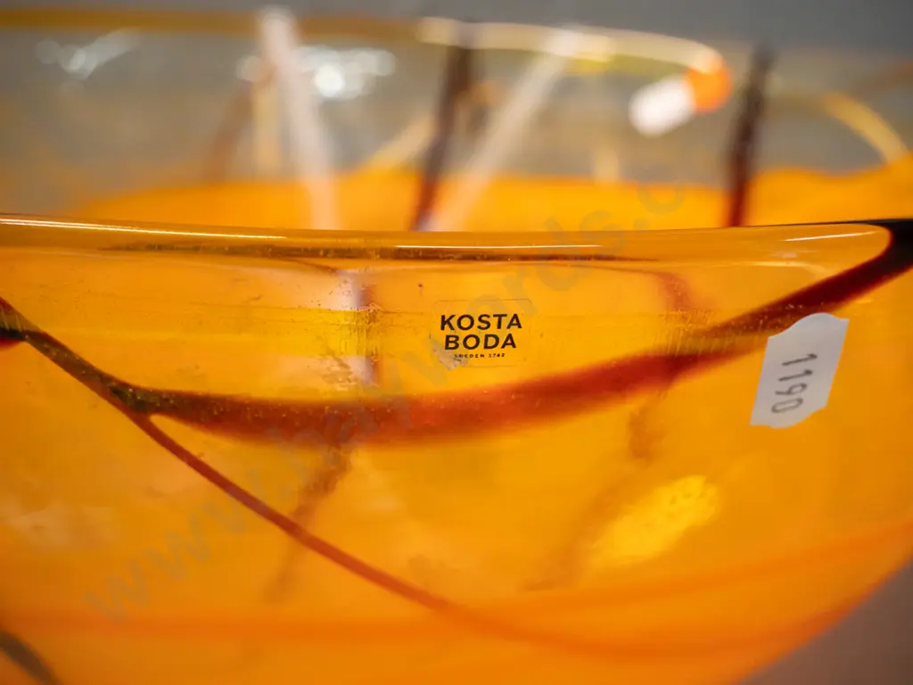 large Kosta Boda Sweden art glass bowl - orange, red and white stripes & swirls H-250 D-350 Image 1++