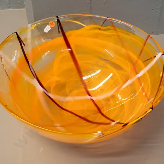 large Kosta Boda Sweden art glass bowl - orange, red and white stripes & swirls H-250 D-350