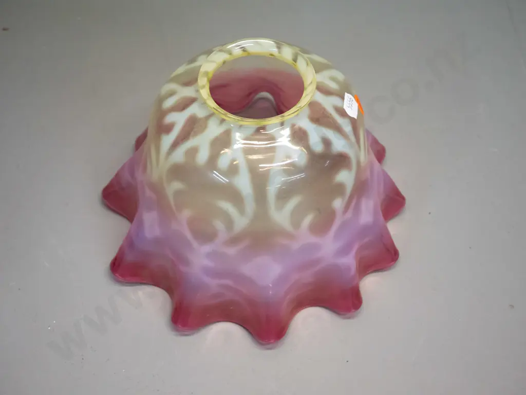 vintage uranium, clear, white & cranberry glass frilled edge light shade H-130 D-190 Image 1++