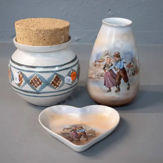 2 pieces of Bayreuth skating children china - vase is H-150 - and a Hanmer pottery jar with ill-fitting cork top