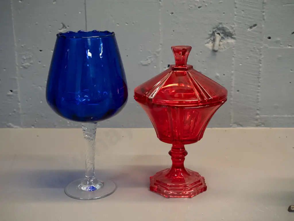 2 pieces retro coloured glass - red lidded comport and a clear stemmed cobalt blue goblet H_240 Image 1++