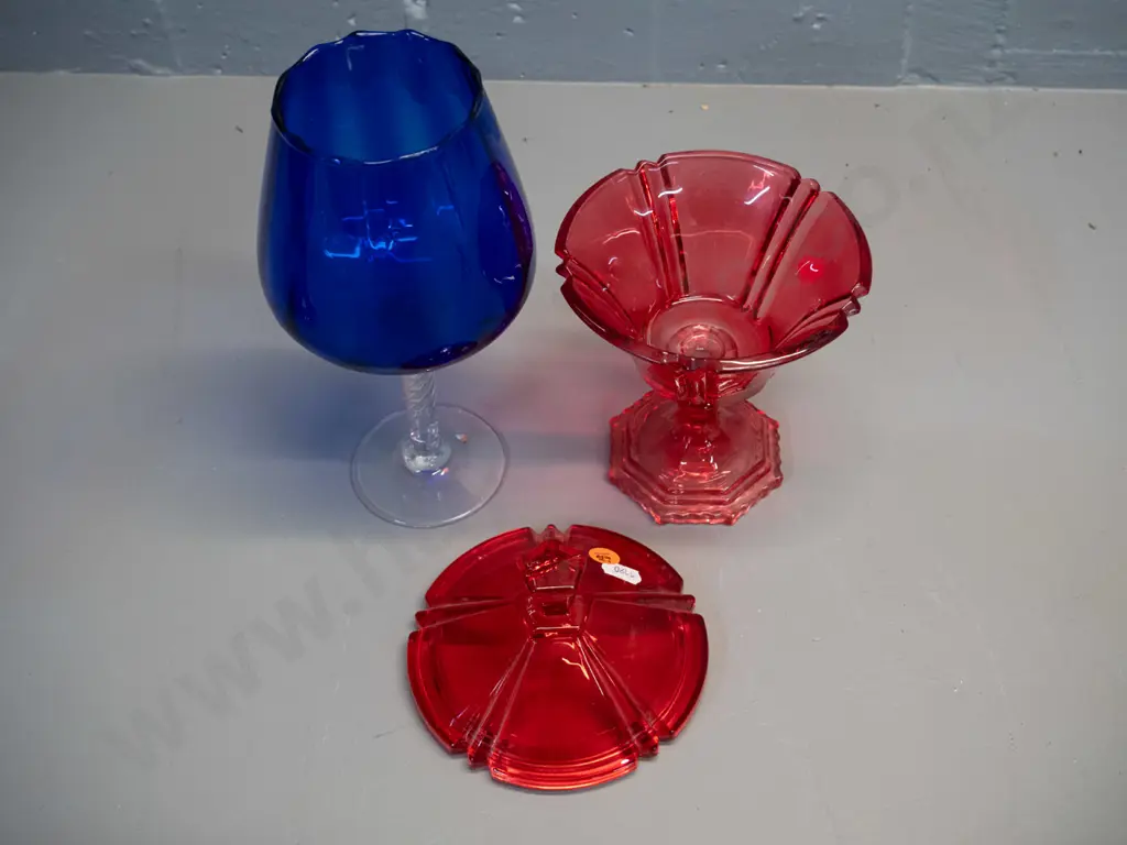2 pieces retro coloured glass - red lidded comport and a clear stemmed cobalt blue goblet H_240 Image 1++