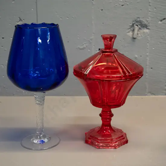 2 pieces retro coloured glass - red lidded comport and a clear stemmed cobalt blue goblet H_240