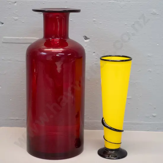 2 art glass vases - one with Hoglund sticker and other taller red one H-290