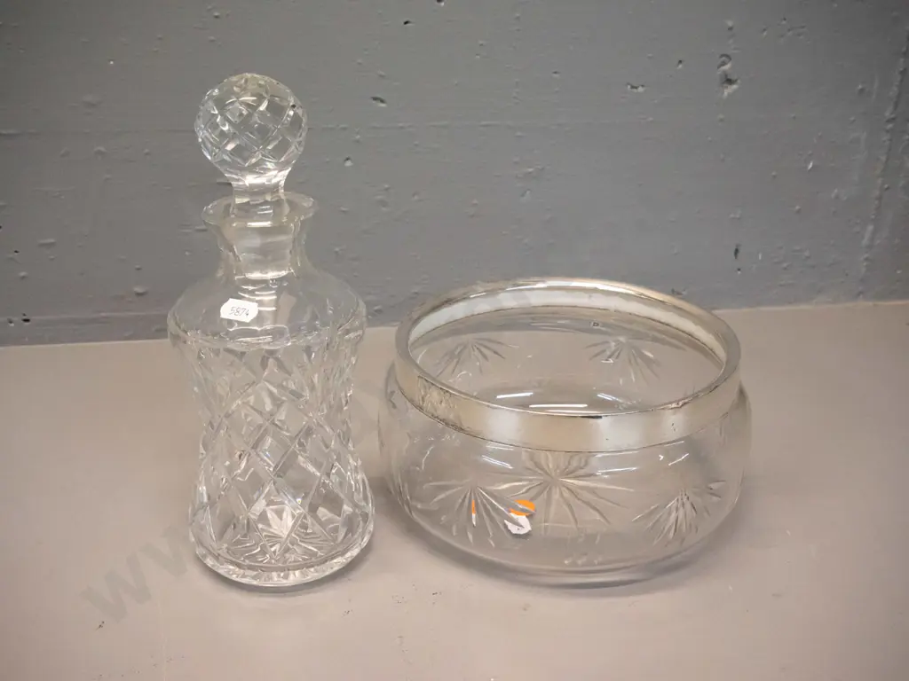 salad bowl with silver (plated?) rim H-100 D-190 and cut crystal stoppered decanter H-260 Image 1++