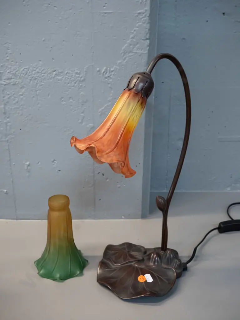 reproduction lily pad table lamp with metal stem, composite base and frosted glass trumpet flower shade and a spare Image 1++