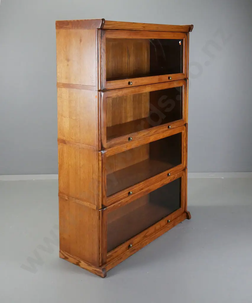 oak 4-shelf barrister's bookcase with lift & slide glazed doors - some borer, patches of uneven dark stain H1380 W940 Image 1++