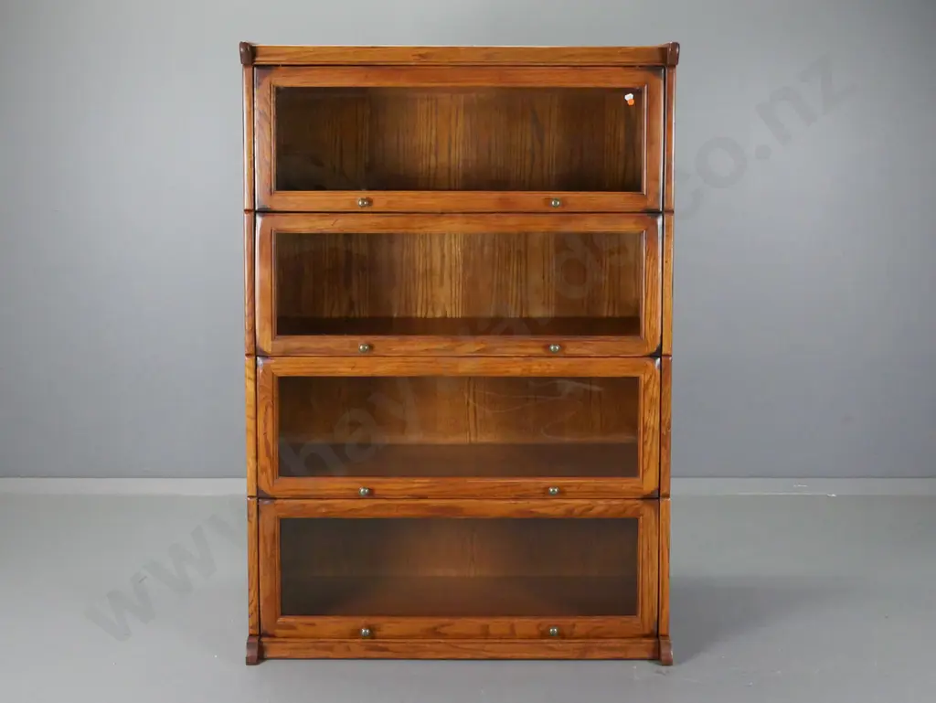 oak 4-shelf barrister's bookcase with lift & slide glazed doors - some borer, patches of uneven dark stain H1380 W940 Image 1++