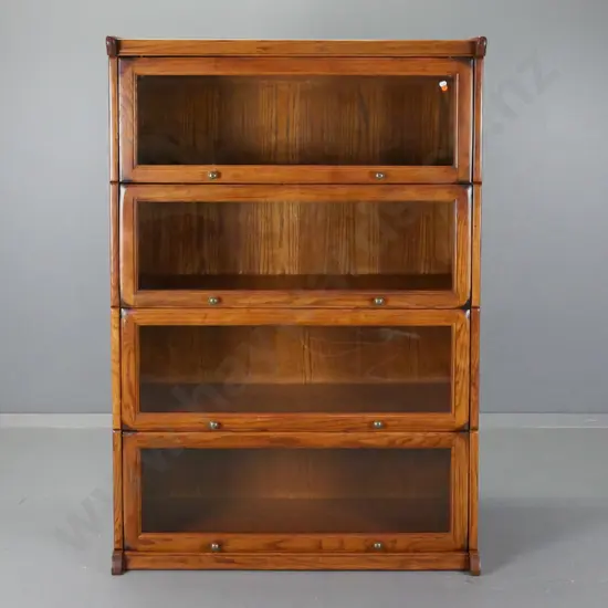 oak 4-shelf barrister's bookcase with lift & slide glazed doors - some borer, patches of uneven dark stain H1380 W940