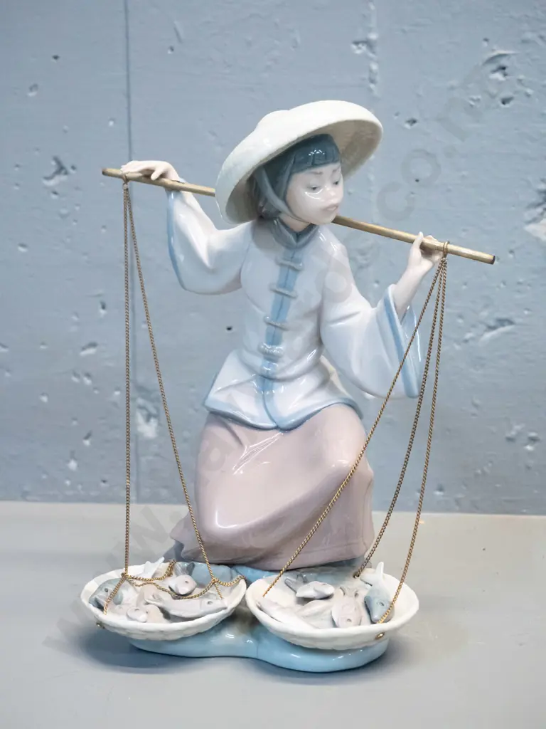 Lladro figurine - fish seller with 2 baskets - has small firing fault/crack to front of base H-240 W-210 Image 1++