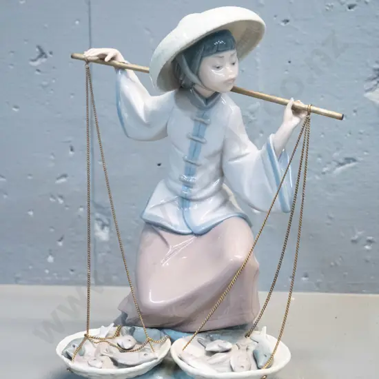 Lladro figurine - fish seller with 2 baskets - has small firing fault/crack to front of base H-240 W-210