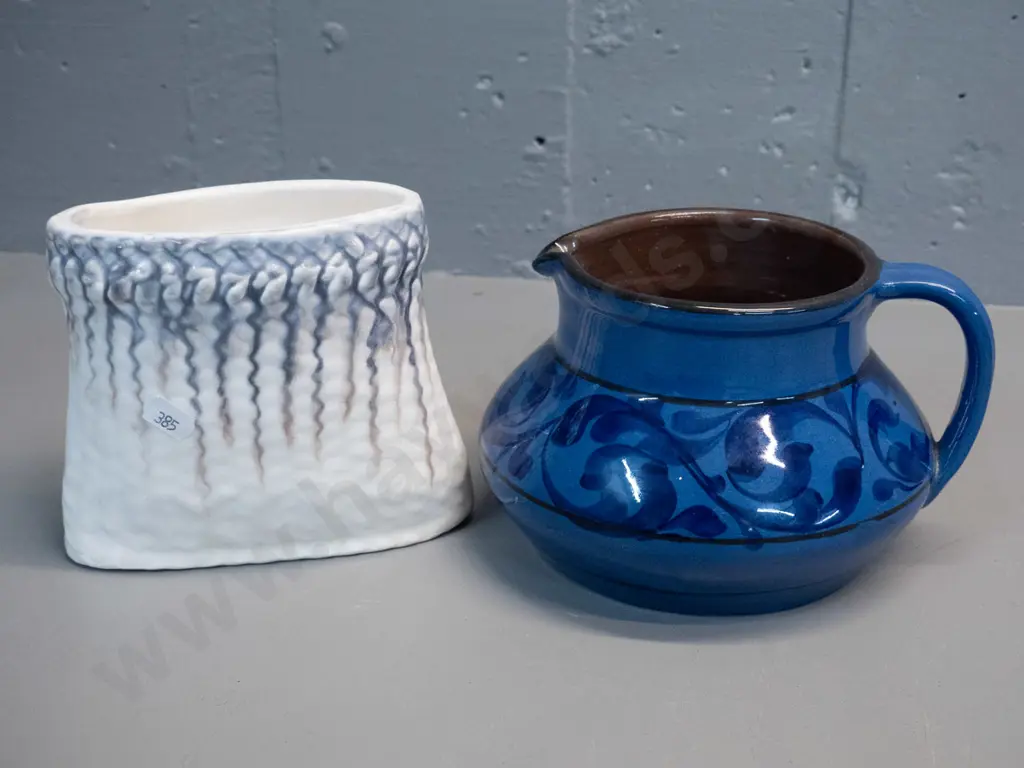 blue Torquay ware jug DF-170 at base and a NZ pottery (Studio Ceramics?) woven kite shaped vase H-130 Image 1++