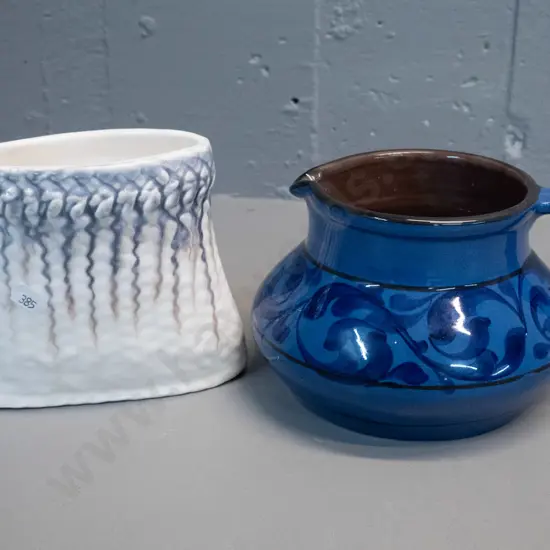 blue Torquay ware jug DF-170 at base and a NZ pottery (Studio Ceramics?) woven kite shaped vase H-130