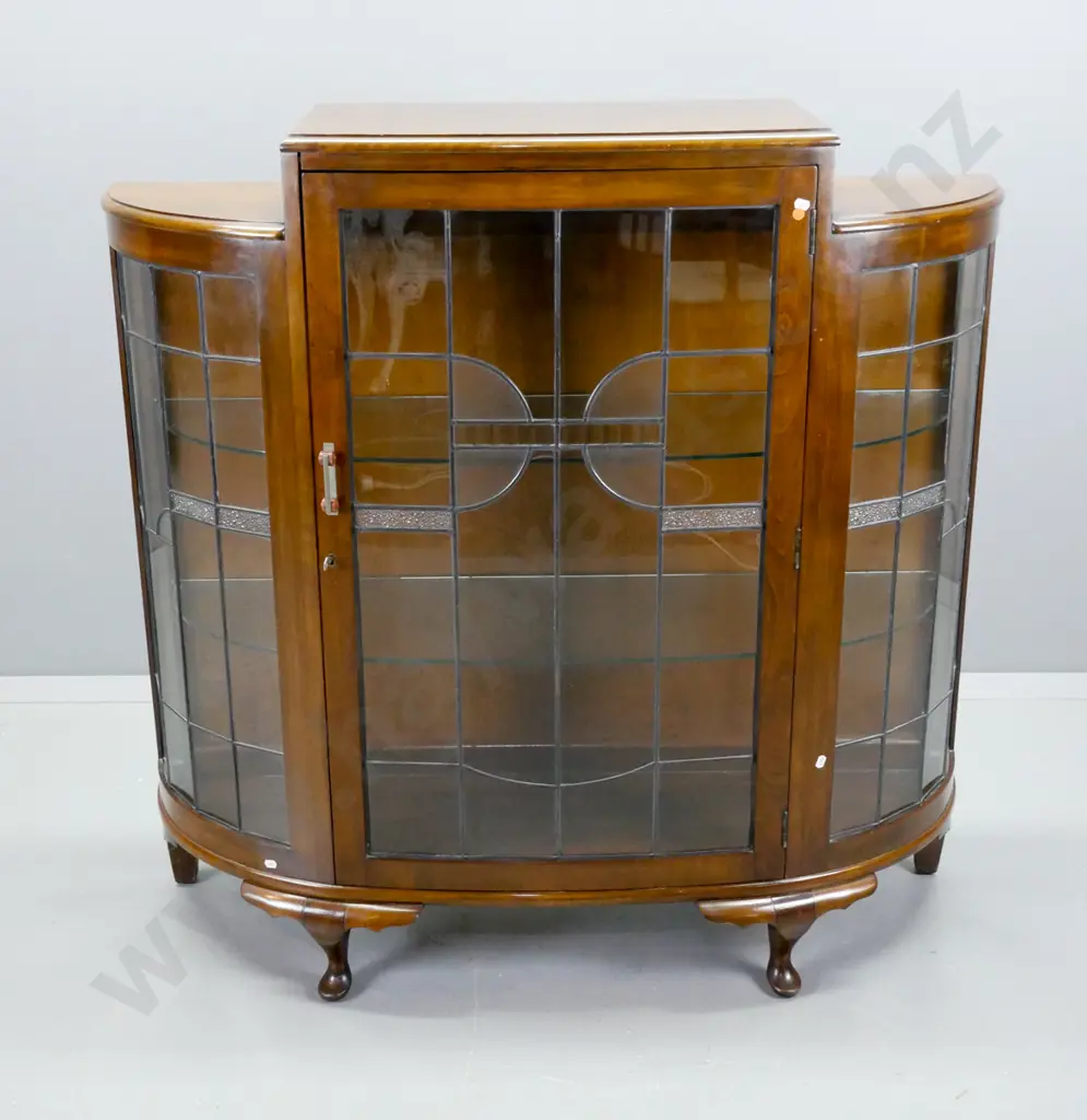 deco beech bow-front & leadlight china cabinet with 2 glass shelves, bakelite and metal handles, working lock and key Image 1++