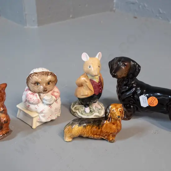 5 china animal figures - Royal Doulton Lord Woodmouse H100, Beswick Mrs. Tiggy Winkle, Poole daschund, German bear salt