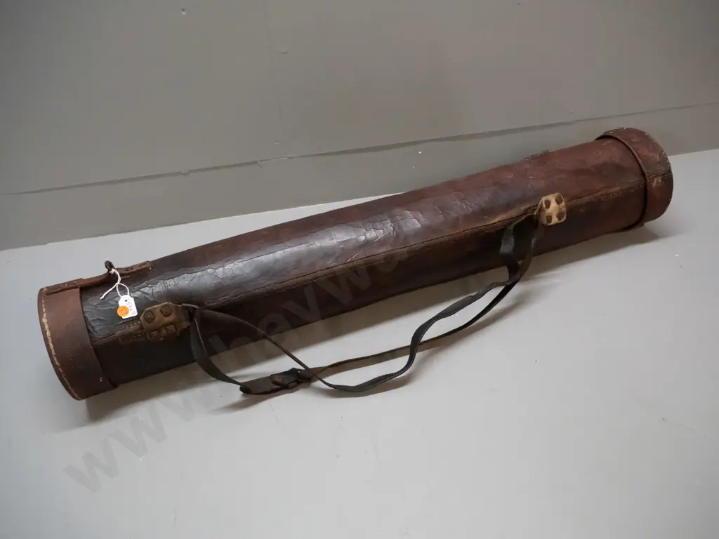 vintage leather tubular map case - crazing and wear to leather, some damage to straps, has had repairs L920 D155 Image 1++