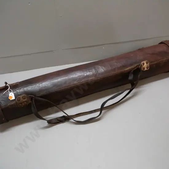 vintage leather tubular map case - crazing and wear to leather, some damage to straps, has had repairs L920 D155