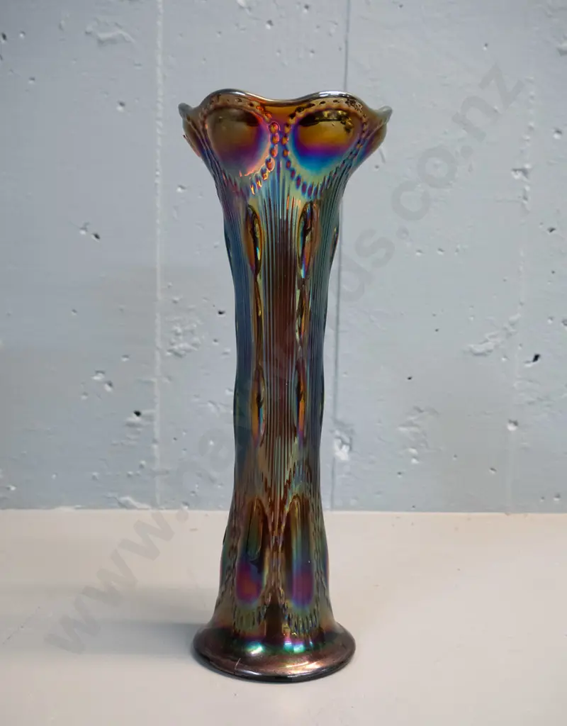 deco dark blue & purple carnival glass fluted vase with star-cut base H-280 Image 1++