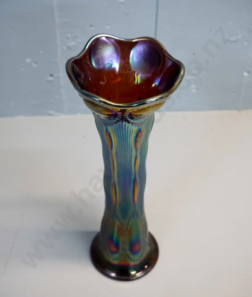 deco dark blue & purple carnival glass fluted vase with star-cut base H-280 Image 1++