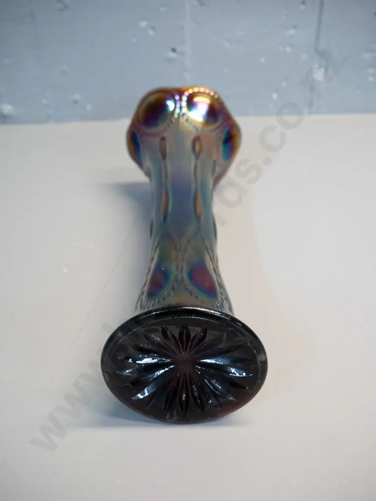 deco dark blue & purple carnival glass fluted vase with star-cut base H-280 Image 1++