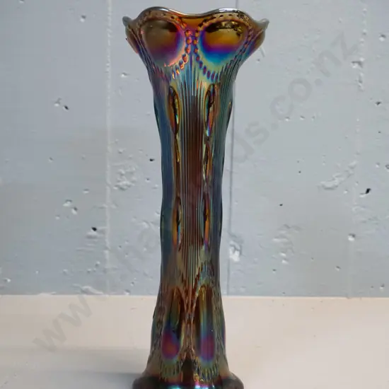 deco dark blue & purple carnival glass fluted vase with star-cut base H-280