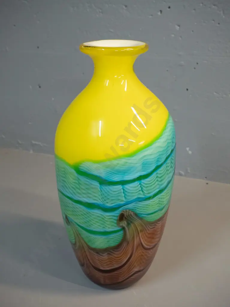 large art glass vase - multi colours with swagged wave pattern, white interior - a few small chips to base H-400 D-180 Image 1++