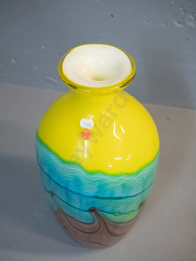 large art glass vase - multi colours with swagged wave pattern, white interior - a few small chips to base H-400 D-180 Image 1++
