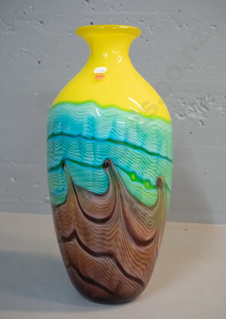 large art glass vase - multi colours with swagged wave pattern, white interior - a few small chips to base H-400 D-180 Image 1++