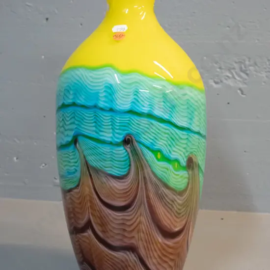 large art glass vase - multi colours with swagged wave pattern, white interior - a few small chips to base H-400 D-180