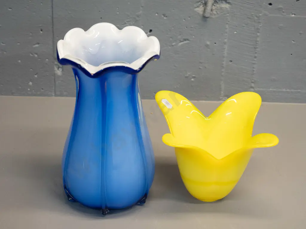 2 art glass vases - yellow tulip shaped and a taller white-lined blue H-230 Image 1++