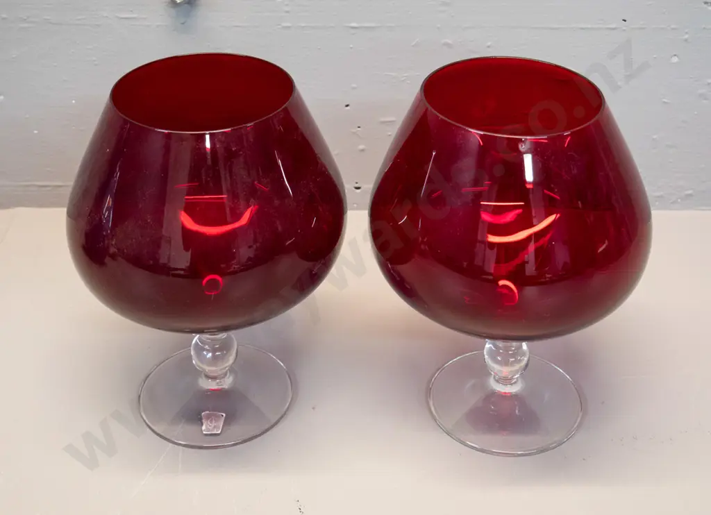 retro pair of large ruby red glass goblets on clear stems - has Made in Sweden / JC (Jones & Co) label. H-240 D-180 Image 1++
