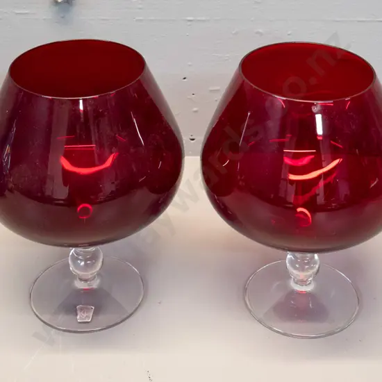 retro pair of large ruby red glass goblets on clear stems - has Made in Sweden / JC (Jones & Co) label. H-240 D-180