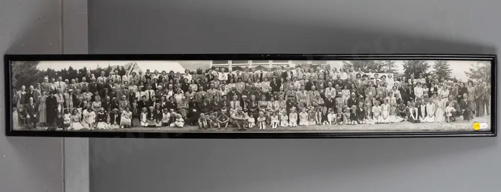 framed panoramic EA Phillips photograph - Ettrick School 85th Anniversary, 1953. H-155 W-955 Image 1++