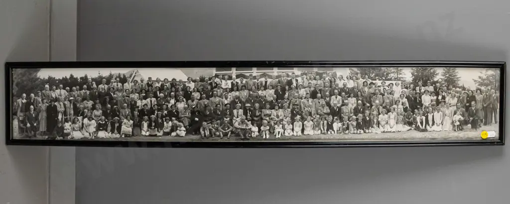 framed panoramic EA Phillips photograph - Ettrick School 85th Anniversary, 1953. H-155 W-955 Image 1++