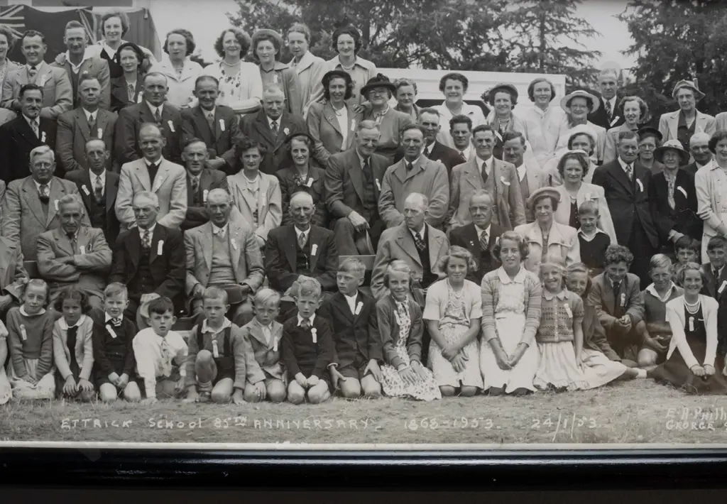 framed panoramic EA Phillips photograph - Ettrick School 85th Anniversary, 1953. H-155 W-955 Image 1++