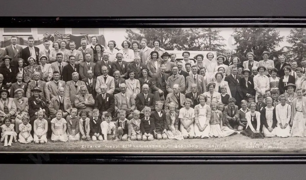framed panoramic EA Phillips photograph - Ettrick School 85th Anniversary, 1953. H-155 W-955 Image 1++