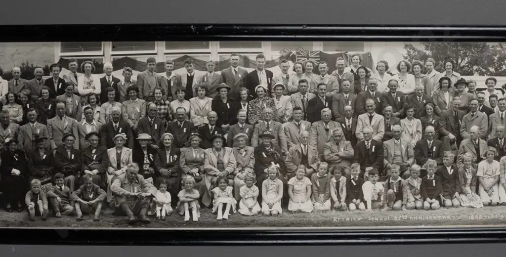 framed panoramic EA Phillips photograph - Ettrick School 85th Anniversary, 1953. H-155 W-955 Image 1++