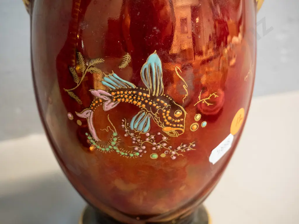 2 vases - Crown Devon lustre fish vase and a Greek handled urn (chip to 1 handle) H-230 Image 1++