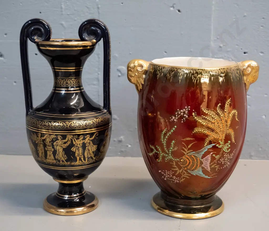 2 vases - Crown Devon lustre fish vase and a Greek handled urn (chip to 1 handle) H-230 Image 1++