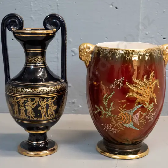 2 vases - Crown Devon lustre fish vase and a Greek handled urn (chip to 1 handle) H-230