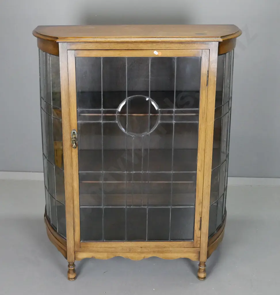 deco oak leadlight bowed-end display case with 2 fixed shelves, drop handles, on turned feet - some ink stains and Image 1++