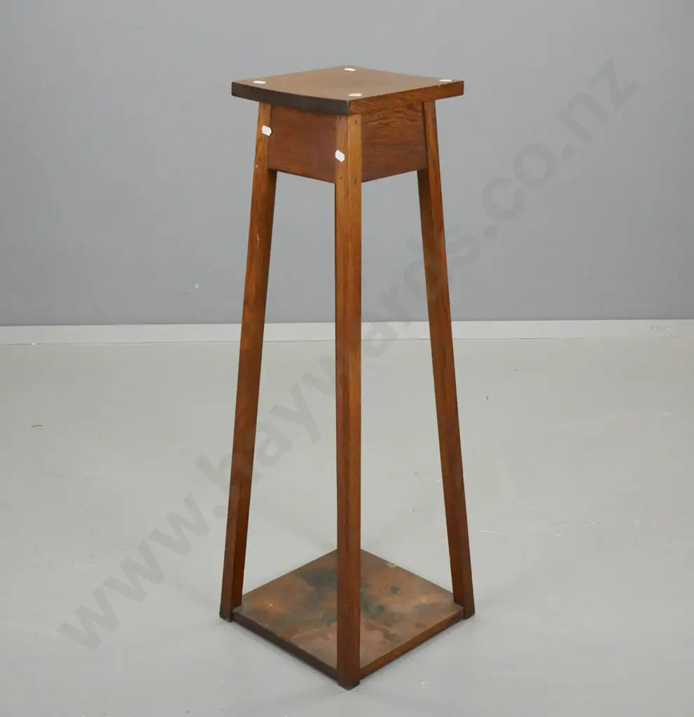 vintage oak plant stand with square top, square splayed legs - staining to bottom platform H-890 Top 240 x 240, Base 300 Image 1++