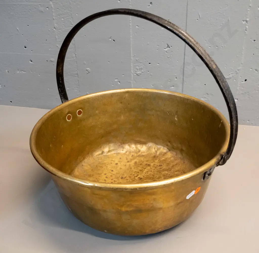 brass jam pan with cast iron handle - base is rounded and dented but no holes. Pan H-150 D-340 Image 1++