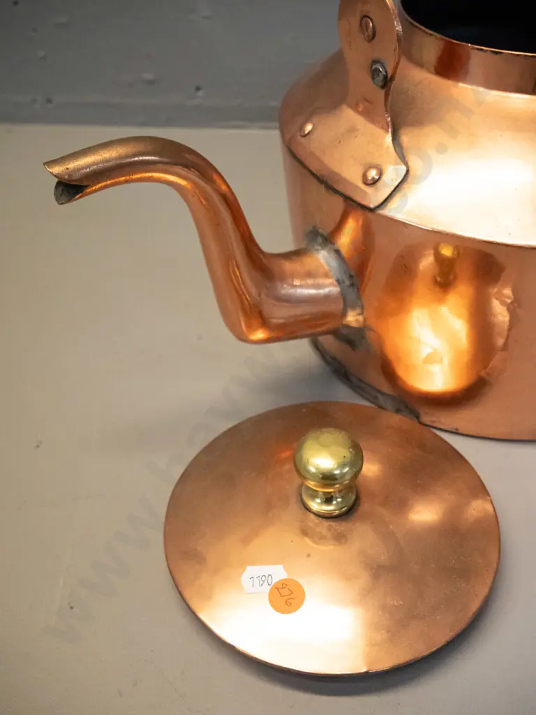 large copper kettle with brass knob H-310 with handle up, L-350, has had repairs Image 1++