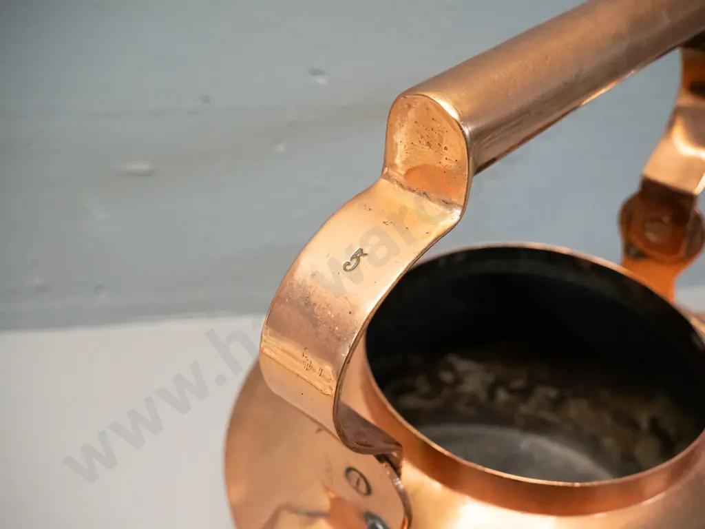 large copper kettle with brass knob H-310 with handle up, L-350, has had repairs Image 1++